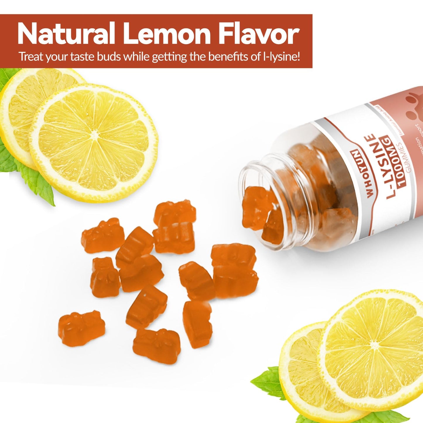 Whoyun L-Lysine 1000mg Gummies, Chewable Lysine Supplement for Adults, Immune Support, Collagen Formation Support, Lemon Flavor, 60 Count