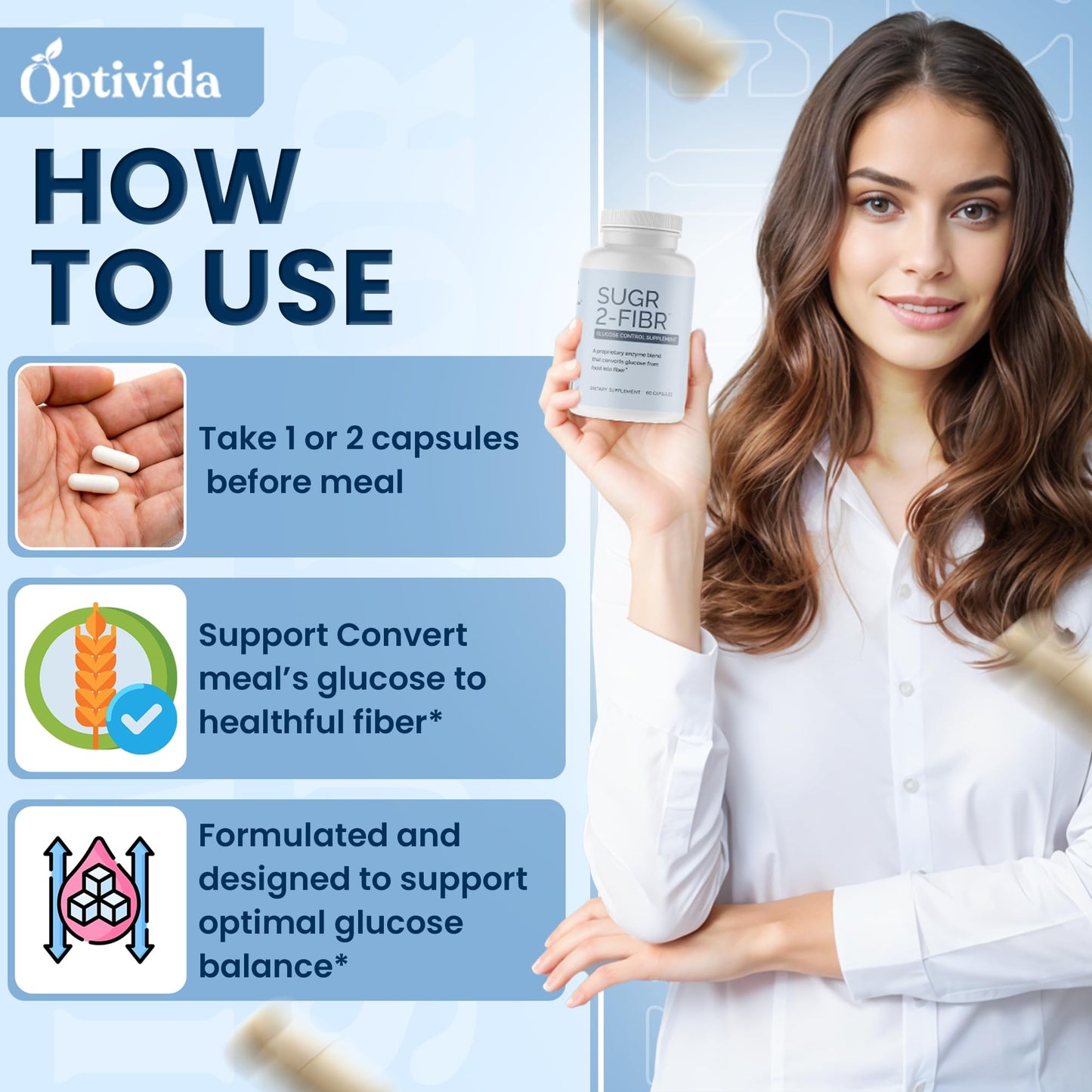 OPTIVIDA Sugr-2-Fibr - Premium Blood Sugar Support Supplement* (60 Count) - Support Healthy Blood Sugar Levels* by Supporting Glucose Metabolism to Fiber* - Gluten Free, Non GMO, Veggie Capsules.