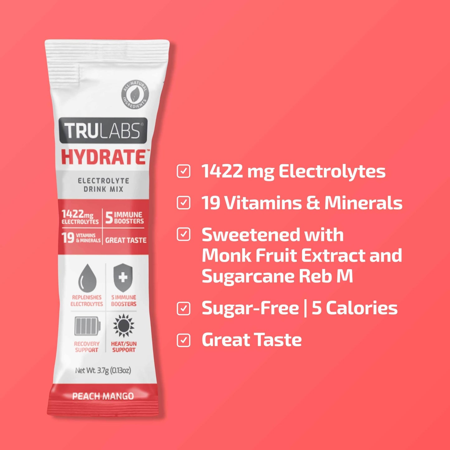 TRULABS Hydrate Peach Mango 6ct. Sugar Free Electrolytes Hydration Packets. Each Serving Contains 1422 mg of Electrolytes &19 Vitamins & Minerals.