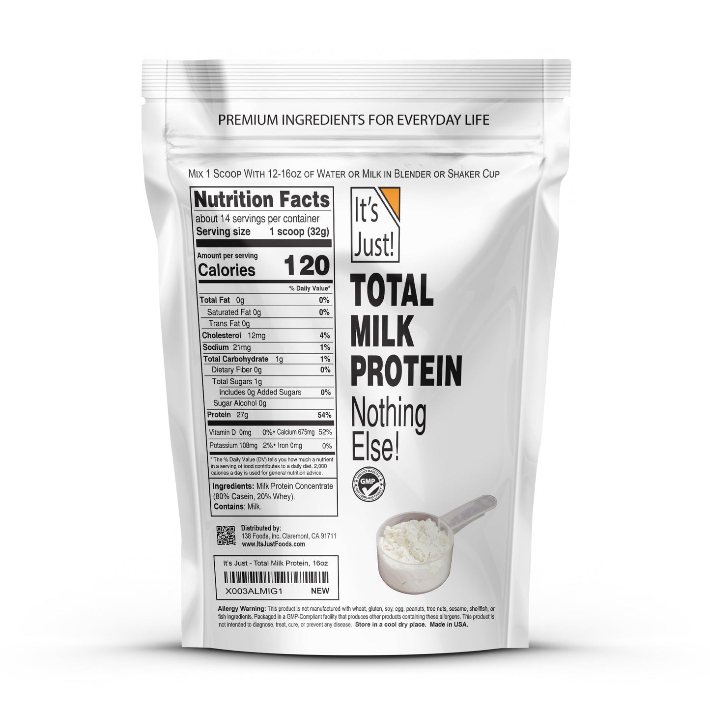It's Just! - Total Milk Protein Concentrate Powder, Naturally 80% Casein / 20% Whey, rBSH/RBST Hormone Free, No Added Sugar, MPC-85 (1 Pound, Unflavored)