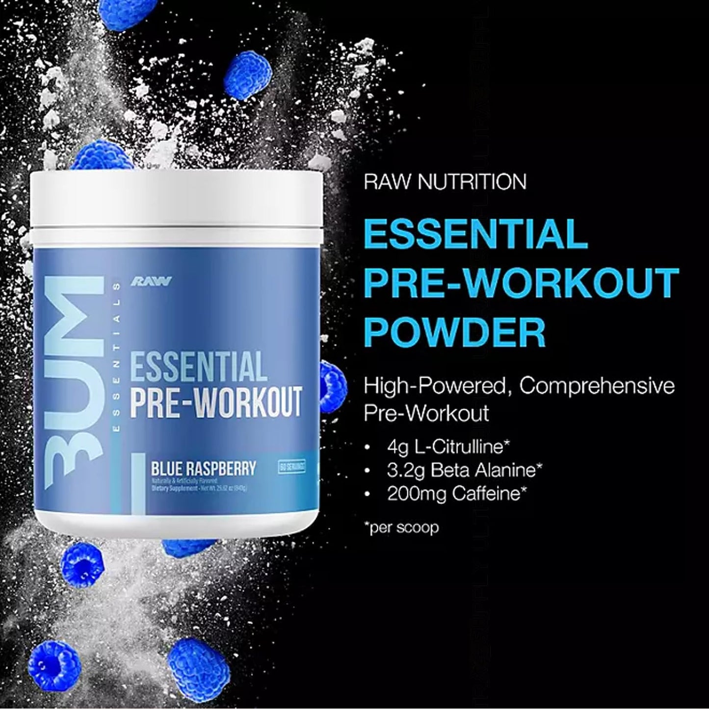 RAW CBUM Essential Pre Workout Powder, Blue Raspberry, 1.85 lbs (60 Servings) - Energy, Endurance & Pump Boost with Caffeine, L-Citrulline & Beta Alanine