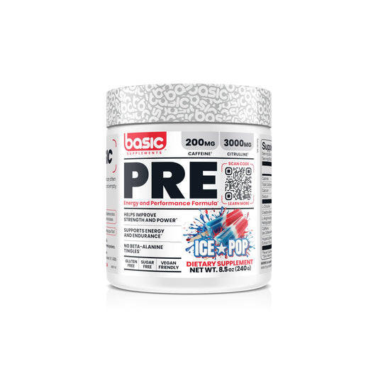 BASIC SUPPLEMENTS Pre-Workout with 200mg Caffeine and 3000mg Citrulline for Energy, Focus, and Strength Support, No Beta-Alanine Tingles, Vegan, Gluten-Free, Sugar-Free (30 Servings, Ice Pop)