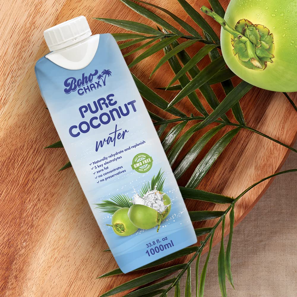 100 Natural Pure Coconut Water Not From Concentrate Drink with No Added Sugar  Replenishes Essential Vitamins and Electrolytes for Superior Hydration  338 Fl Oz Cartons  6Pack by Boho Chax