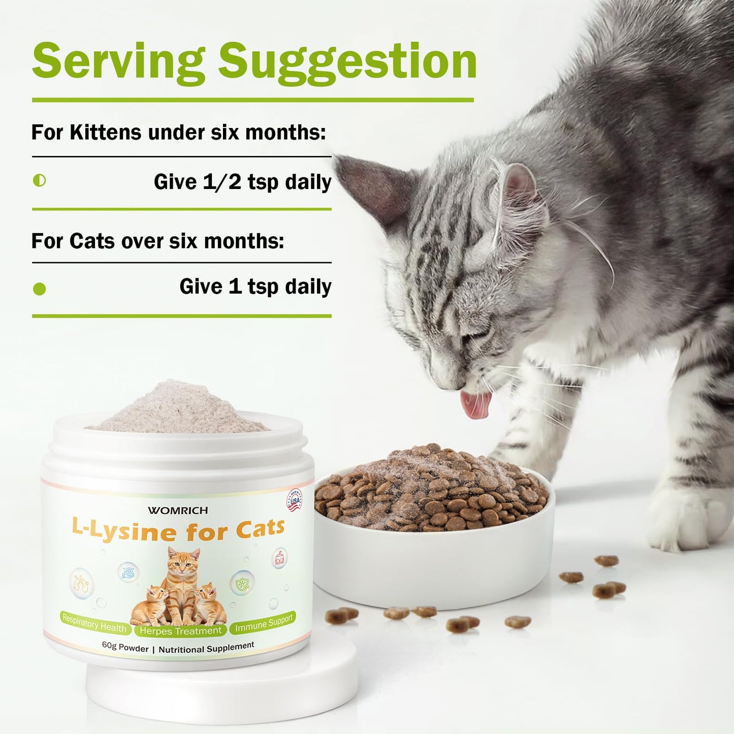 L-Lysine Powder Supplement for Cats Herpes Treatment for Cats - Immune Support & Respiratory Health - Supports Eye & Skin Health - Sneezing, Runny Nose, Squinting, Watery Eyes - 60g