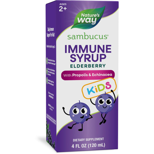 Nature's Way Sambucus Elderberry Immune Syrup for Kids Ages 2+, with Echinacea & Propolis, Daily Immune Support*, Vegetarian, Berry Flavored, 4 Fl Oz (Packaging May Vary)