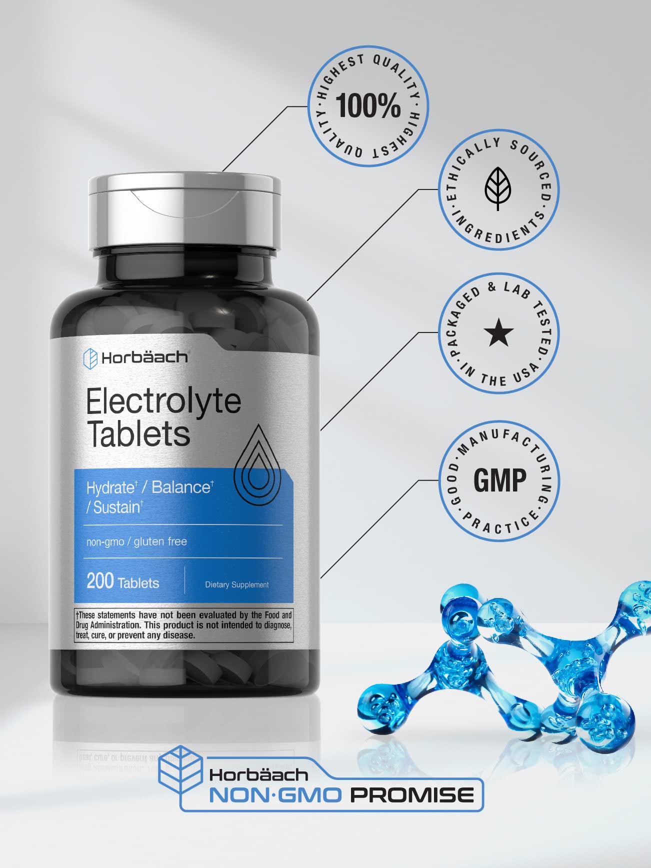 Horbäach Electrolyte Tablets | 200 Count | Vegetarian | Keto-Friendly | Non-GMO, and Gluten Free Hydration Supplement