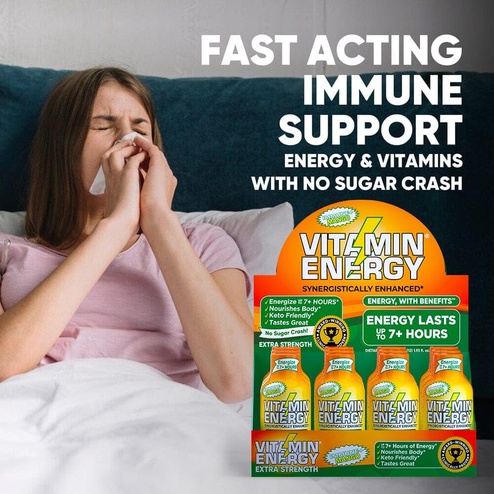 Vitamin Energy Immune+ Extra Strength Energy Shot - Mango - 100% DV B-Vitamins & 260mg Caffeine - Zero Calories, Sugar-Free, Vegan, Non-GMO - Immunity & Energy Support - 1.93 fl oz, 12-Pack