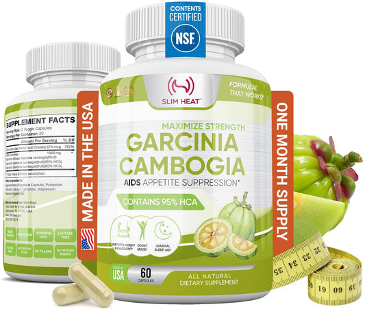 Slim Heat 100% Pure Garcinia Cambogia Extract with 95% HCA - Manage Food Cravings - Best Carb Blocker for Women & Men - Max Strength Garcinia Cambogia Raw Diet Pills Made in USA - 60 Veggie Capsules