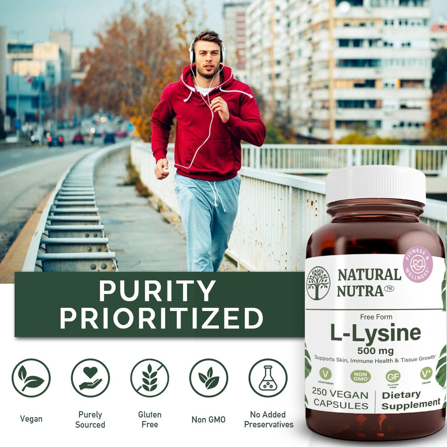 Natural Nutra L Lysine HCl, Promotes Bone Health and Growth, Support Skin Health, Improve Vitamin C Absorption, Helps Built Collagen, Improve Calcium Absorption, Non-GMO, Vegan, 500 mg, 250 Capsules.