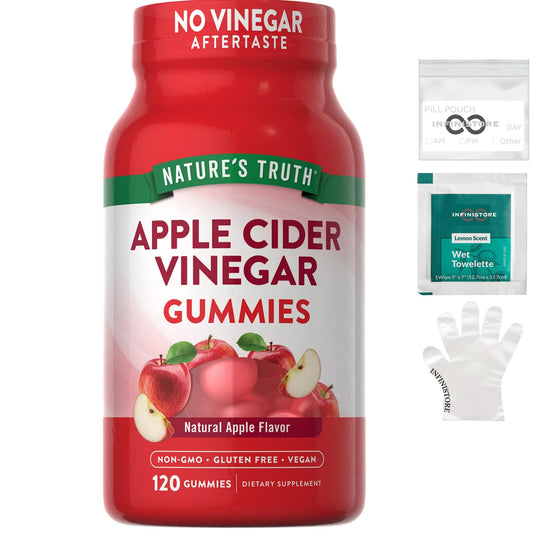 InfiniStore™ Medicine Pouch & Scented Moist Towelette Bundle with Nature Truth Apple Cider Vinegar Gummies, 120 Count, 400mg, Natural Apple Flavor - Non-GMO, Gluten Free, Vegan