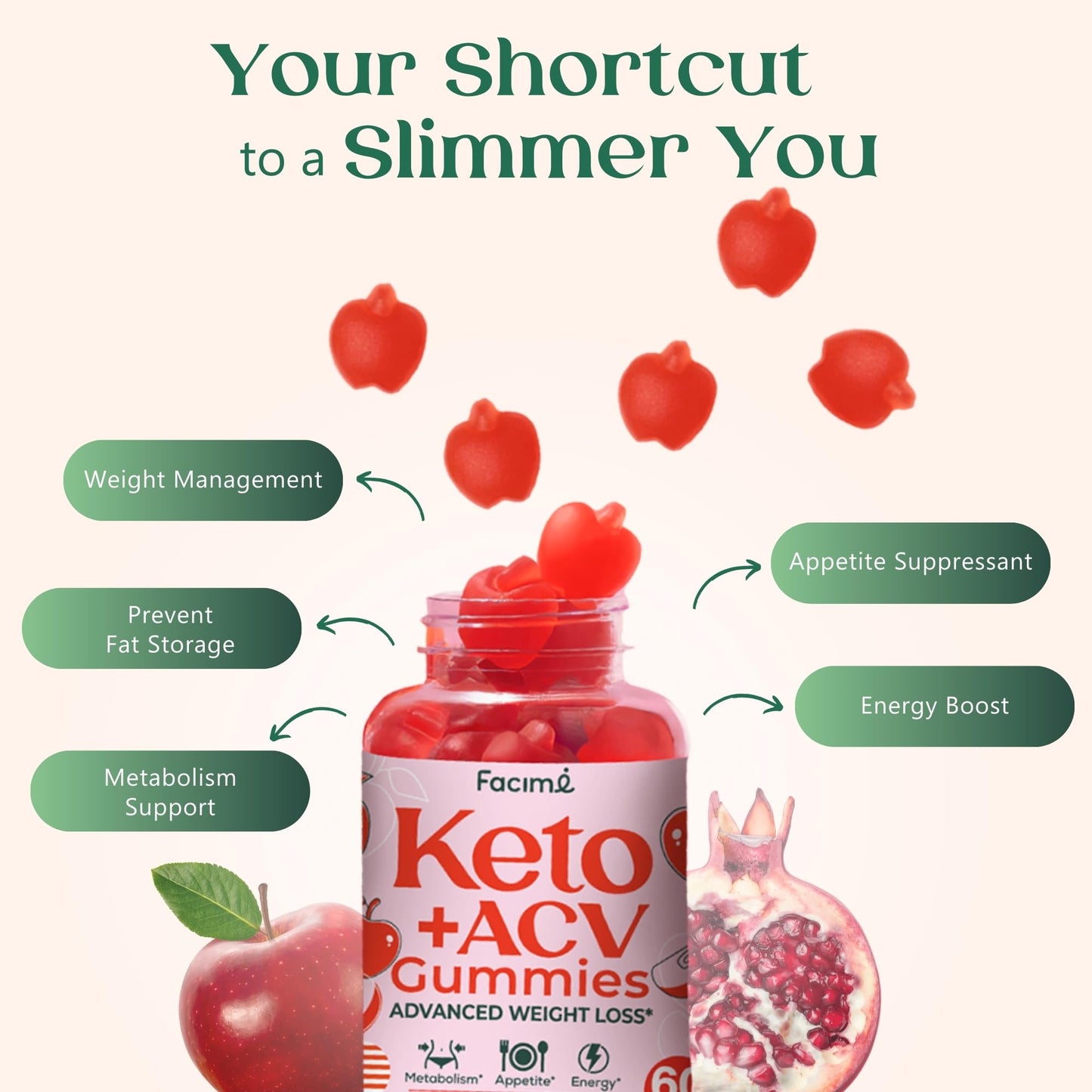 Facime Keto Acv Gummies - Apple Cider Vinegar Gummies - 1000MG with Superfoods, Vegan Non GMO, Made in USA, 60 Gummies 1 Month Supply