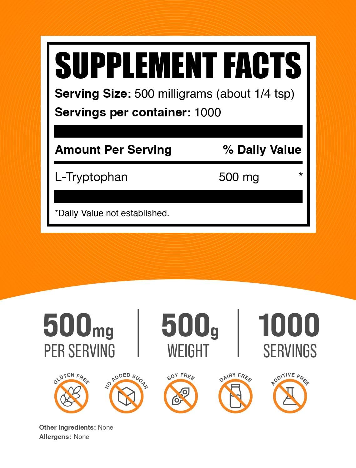 BulkSupplements.com L-Tryptophan Powder - L-Tryptophan 500mg, Tryptophan Supplement - Amino Acid Supplement, Gluten Free, 500mg per Serving, 500g (1.1 lbs) (Pack of 1)
