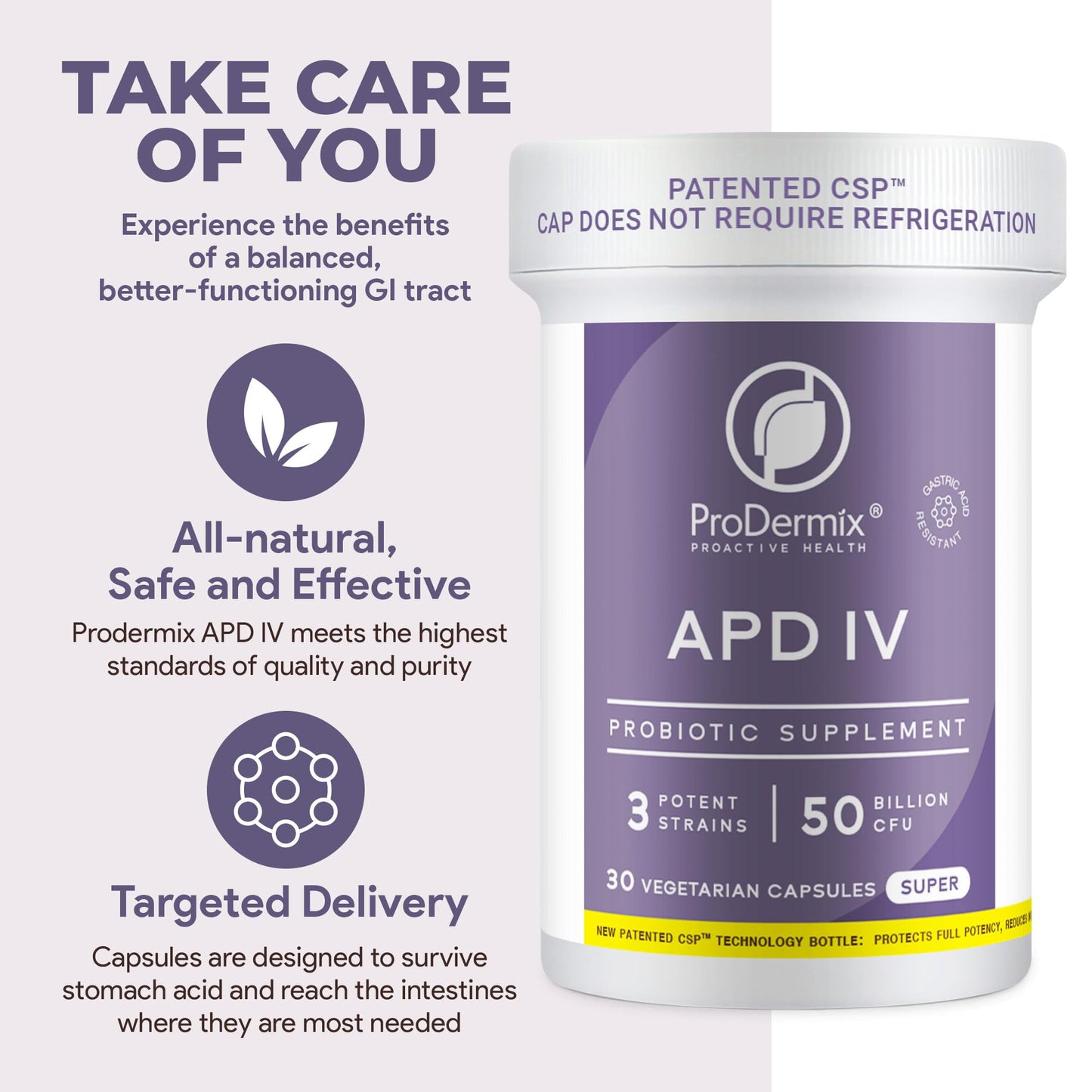 PRODERMIX APD IV Probiotic Supplement for Detoxification, 50 Billion CFU, Once Daily Probiotic Supplement for GI Tract Health and Detox, Lactobacillus + Bifidobacterium, Kosher (30 Count)
