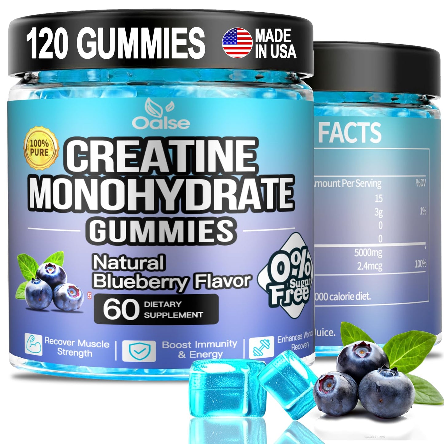 (2Pack，120 Count) Creatine Monohydrate Gummies for Men & Women 5000mg, Chewable Creatine Monohydrate with W/L-Taurine + Vitamin B12 for Muscle Support, Energy Boost - Sugar Free,Vegan (Blueberry)