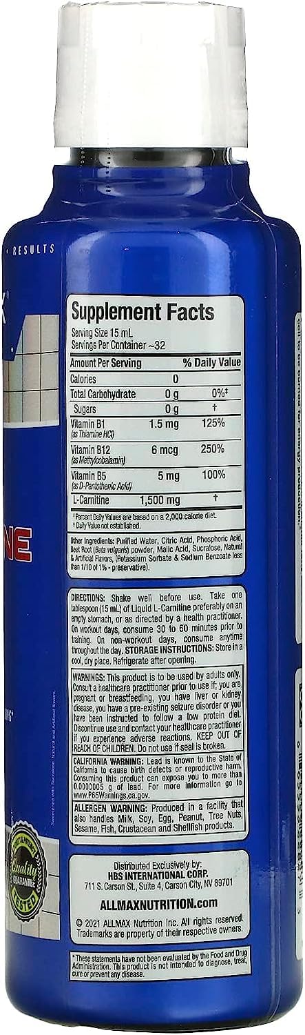 ALLMAX Nutrition Liquid L-Carnitine 1500 + Vitamin B5, 16 oz / 473 ml (Fruit Punch)