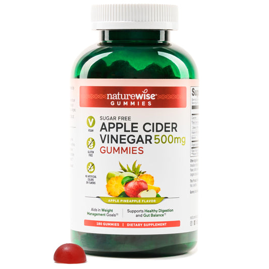 NatureWise Apple Cider Vinegar ACV Gummies - 1000mg ACV per 2, Sugar Free, Vegan - Energy & Gut Health - ACV Gummies W/Vitamin B12-180 Gummies[3-Month Supply for 1000mg / 6-Month Supply for 500mg]