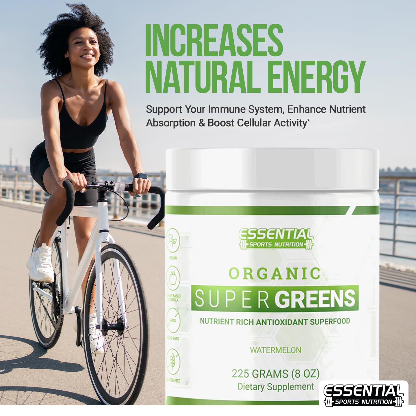 Essential Sports Nutrition Organic Super Greens Powder - Nutrient-Dense Blend for Energy, Detox & Immune Support, USDA Organic, Non-GMO, Vegan-Friendly