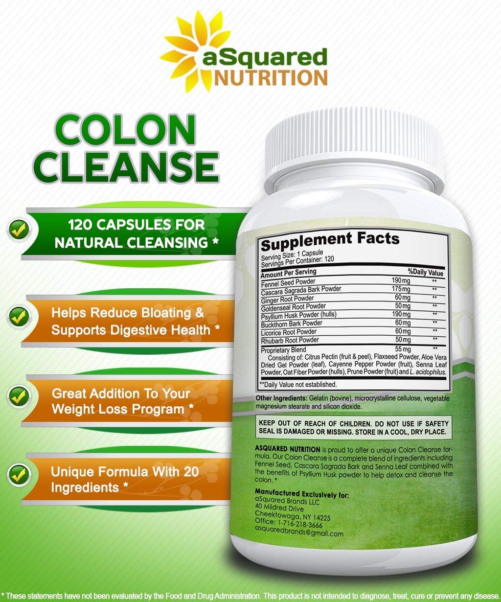 aSquared Nutrition Pure Colon Cleanse for Weight Loss - 120 Capsules, Max Strength, Natural Colon Detox Cleanser, Colon Cleansing Diet Supplement Blend for Digestive Health, Diet Pills for Men & Women
