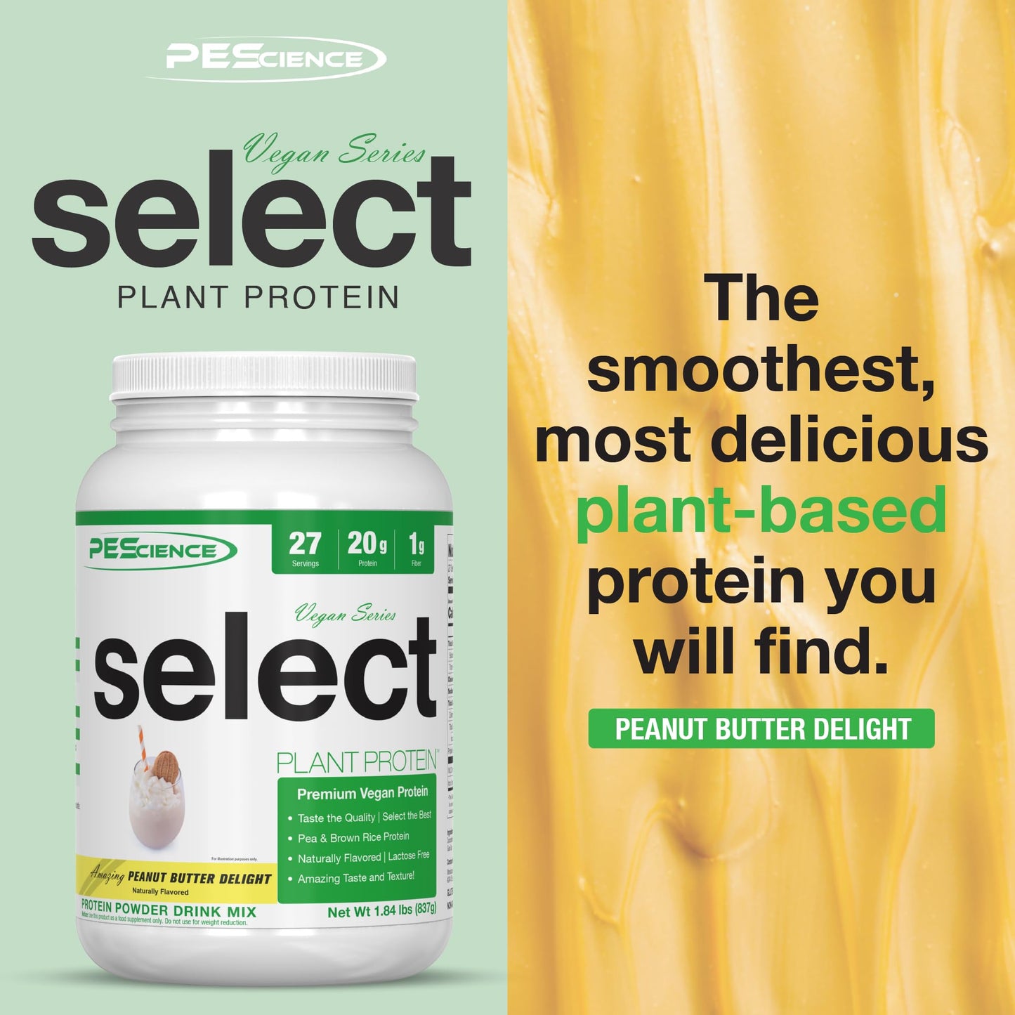 PEScience Select Vegan Plant Based Protein Powder, Peanut Butter Delight, 27 Serving, Premium Pea and Brown Rice Blend