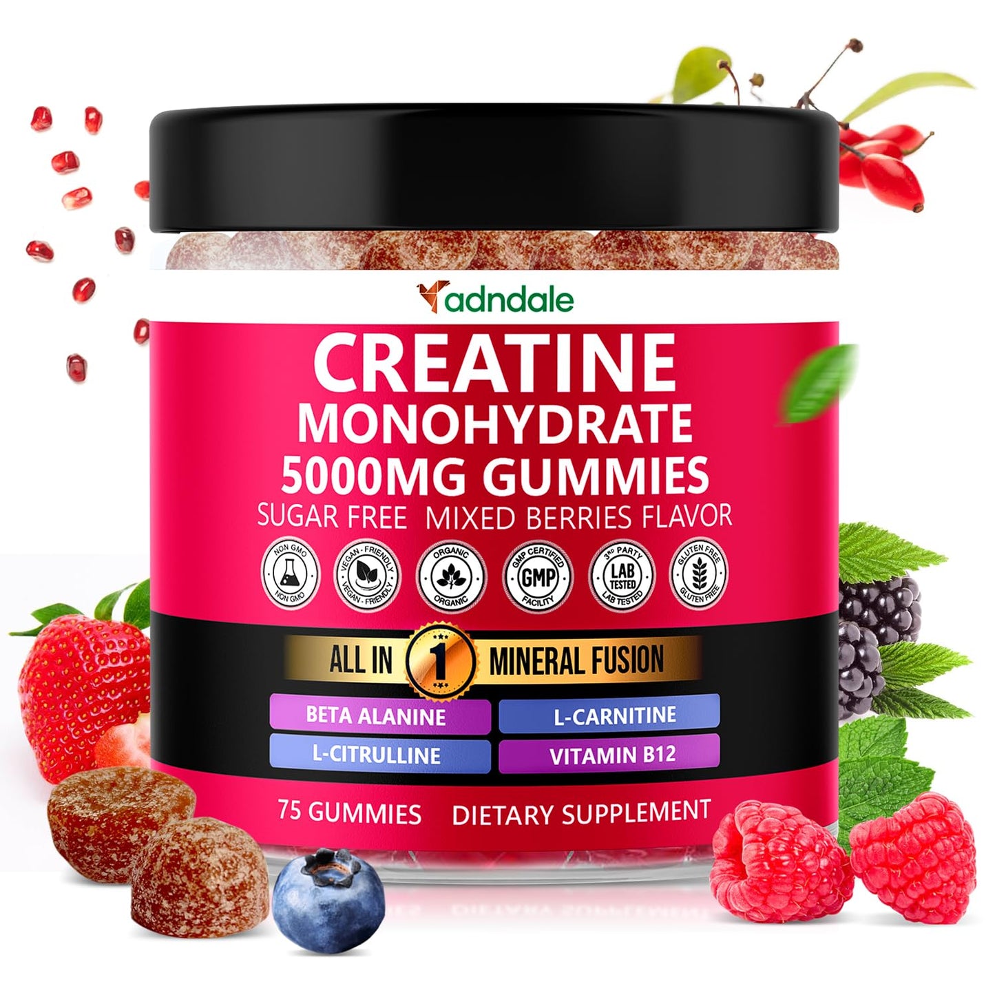 Creatine Monohydrate Gummies for Men & Women - 5000mg per Serving Creatine Supplement with Beta-Alanine, L-Citrulline & B12 - Supports Strength, Energy, and Recovery - 75 Vegan Gummies. Sugar-Free