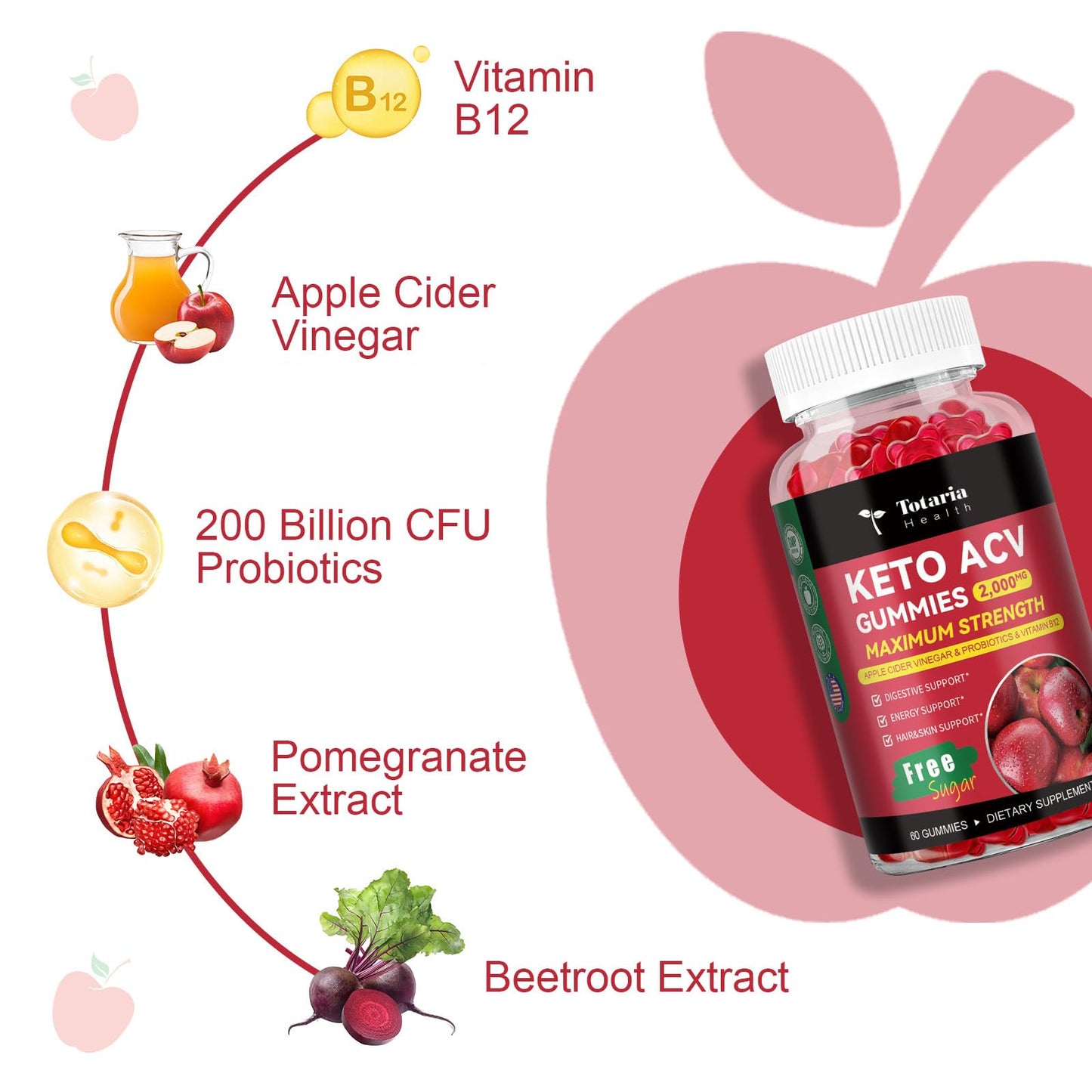 Totaria Keto ACV Gummies - 2000mg Apple Cider Vinegar Gummies Sugar-Free Support Stature Health with Probiotics, B12, BHB, Keto Supplements for Women & Men 60 Gummies