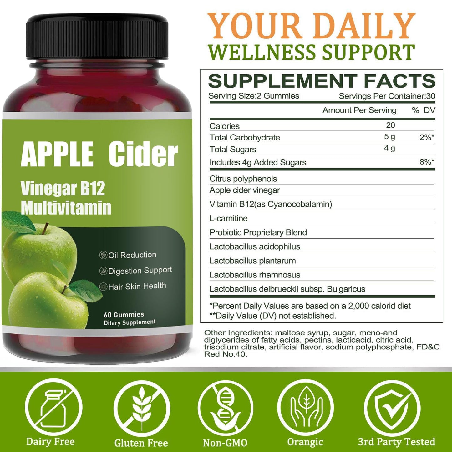 Apple Cider Gummy-Apple Cider Vinegar B12 Multivitamin, Natural Apple Cider Vinegar Gummies - Vinagre de Sidra de Manzana Gomitas - Vegan & Gluten-Free - 60 Gummies (1)