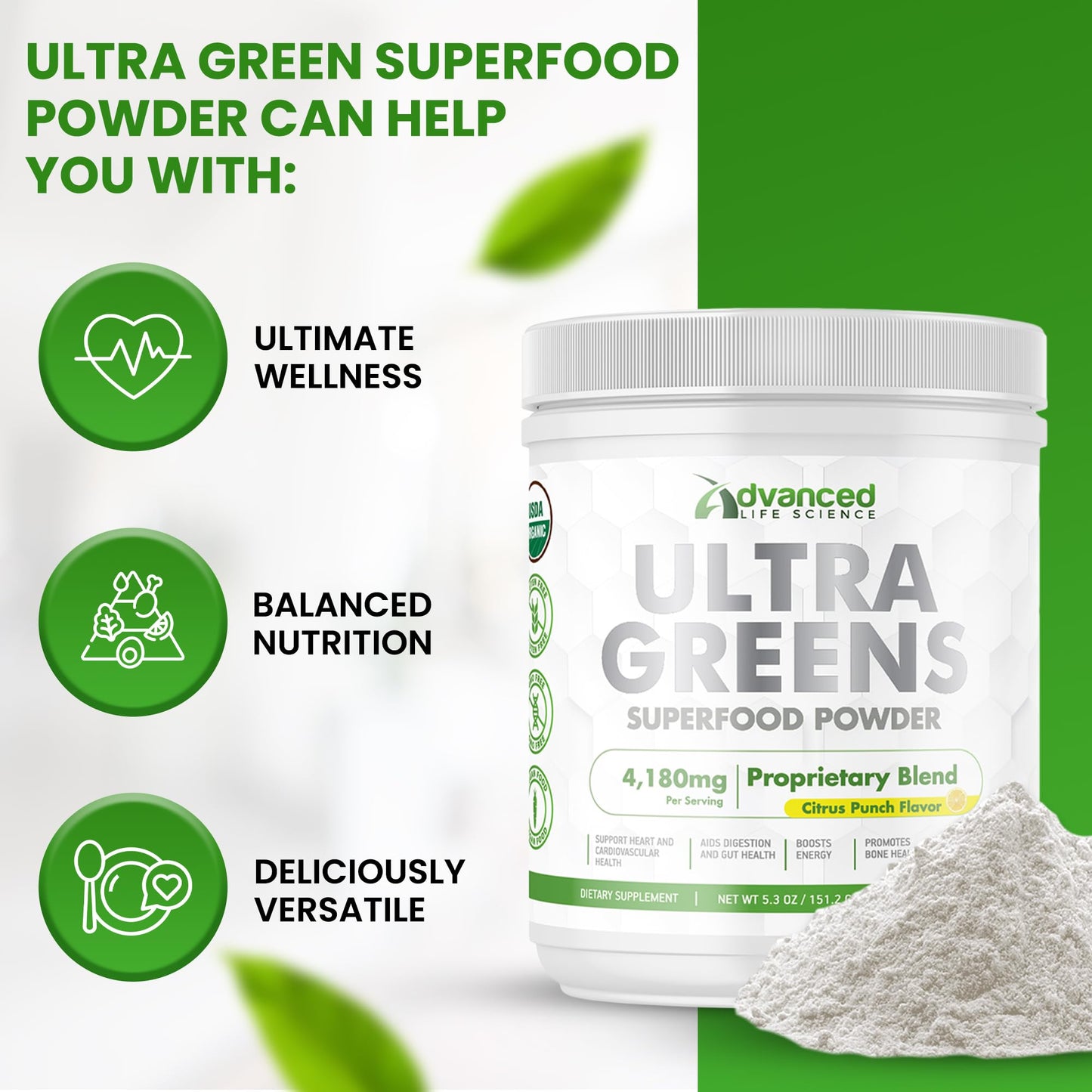 Ultra Green Superfood Powder - Green Based Supplement Drink - 151.2 g (5.3 oz.) Green Powder Tub - Energy Booster - Better Cardiovascular and Gut Health