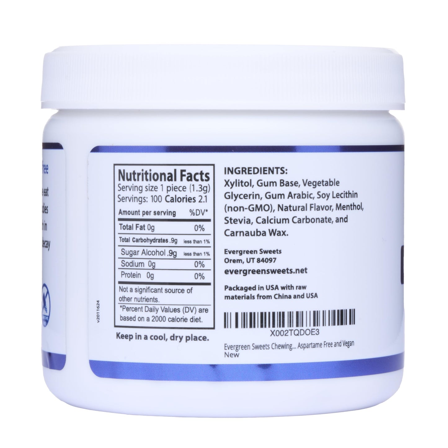 Evergreen Sweets Chewing gum 100 Count Jar  Natural Peppermint Gum Made with Xylitol and Stevia  SugarFree Aspartame Free and Vegan