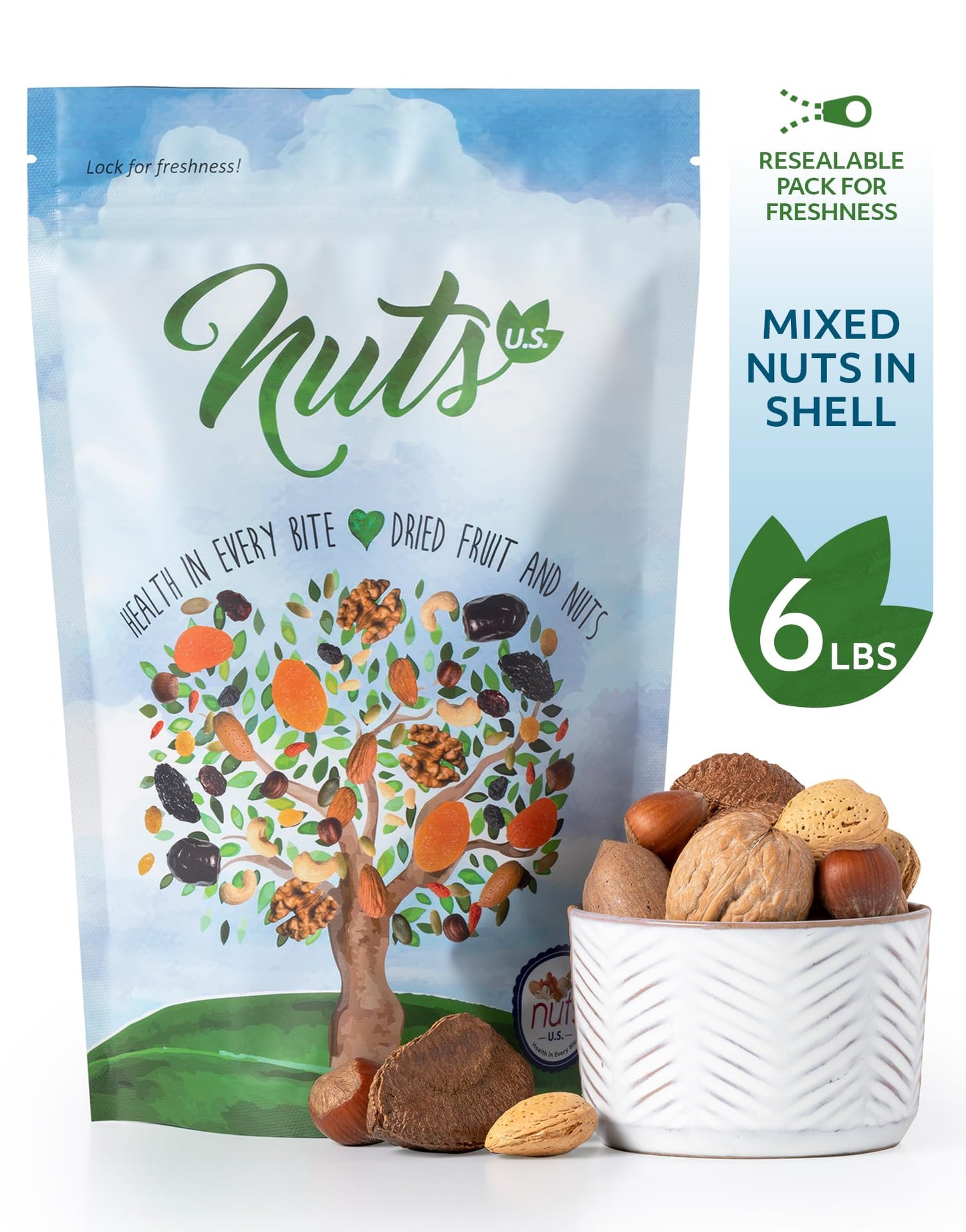 NUTS US  Mixed Nuts In Shell Almonds Walnuts Hazelnuts Pecans Brazil Nuts  No Added Colors and No Artificial Flavors  Fresh Buttery Taste and Raw Packed In Resealable Bags 6 LBS