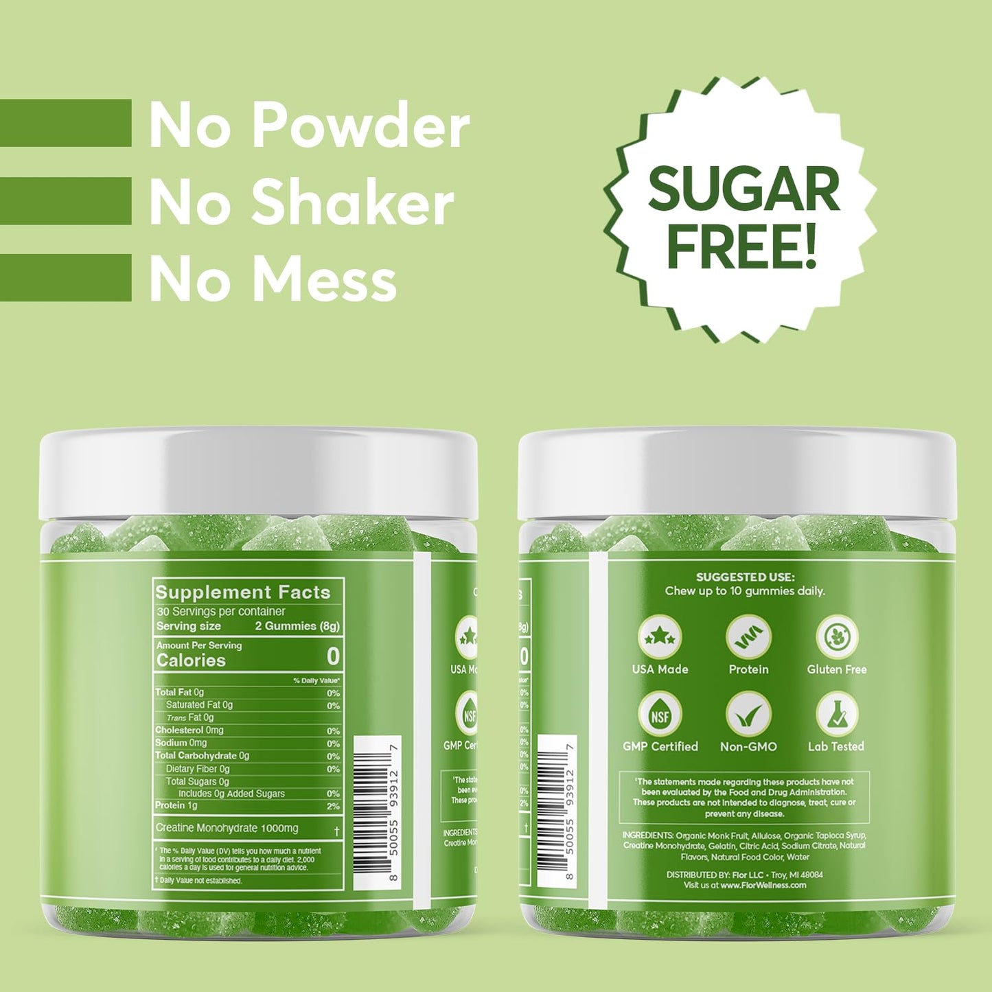 FIOR Sugar-Free Creatine Gummy - Best Creatine Monohydrate Chewable, 60 Count, Workout & Protein Supplement, Cognitive Enhancement, Green Apple Flavor, 30 Servings