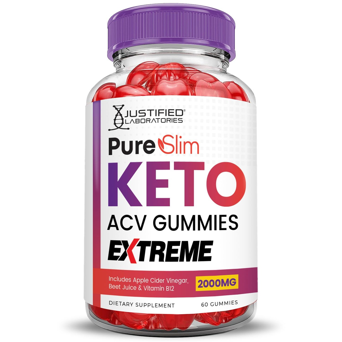 Pure Slim Keto ACV Gummies Extreme 2000MG PureSlim Keto Gummies Advanced Formula Apple Cider Vinegar with Pomegranate Beet Juice Powder B12 Vegan Non GMO 60 Gummys