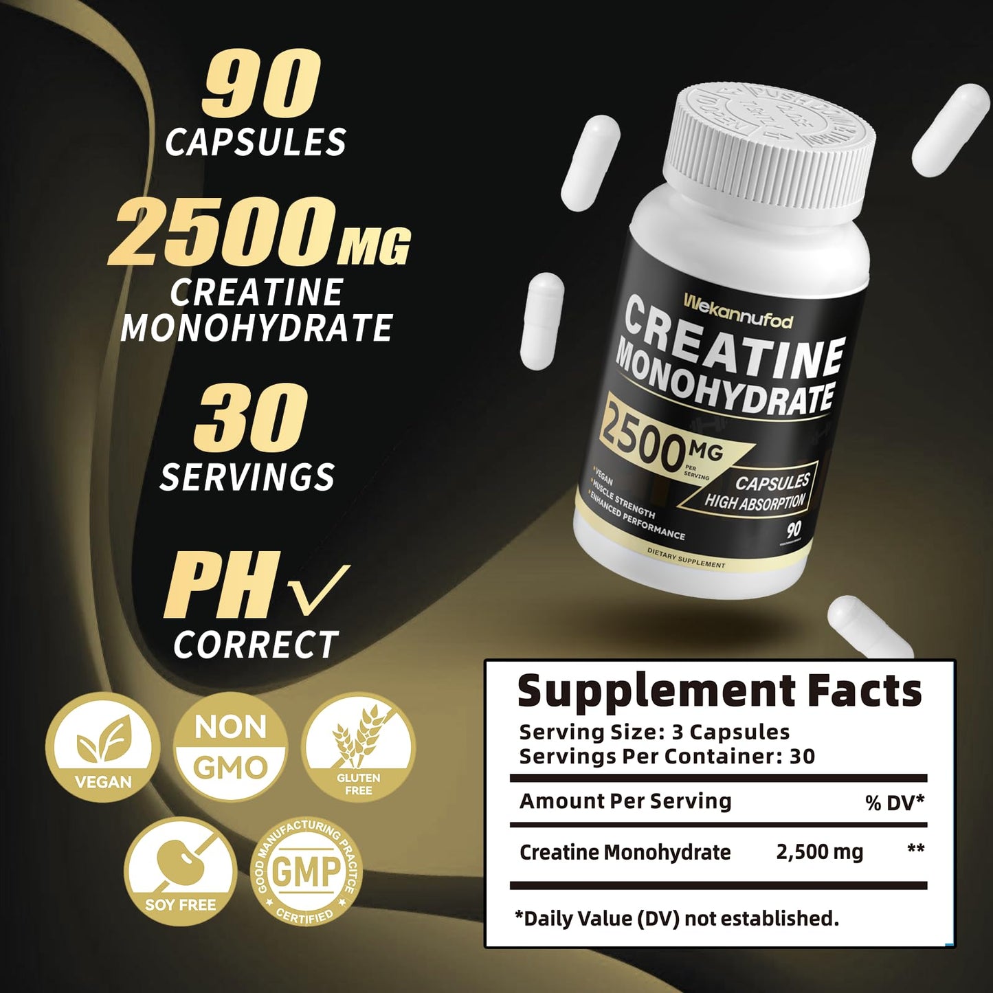 Wekannufod Creatine Monohydrate 2500mg, 90 Capsules - Gluten Free, Non-GMO