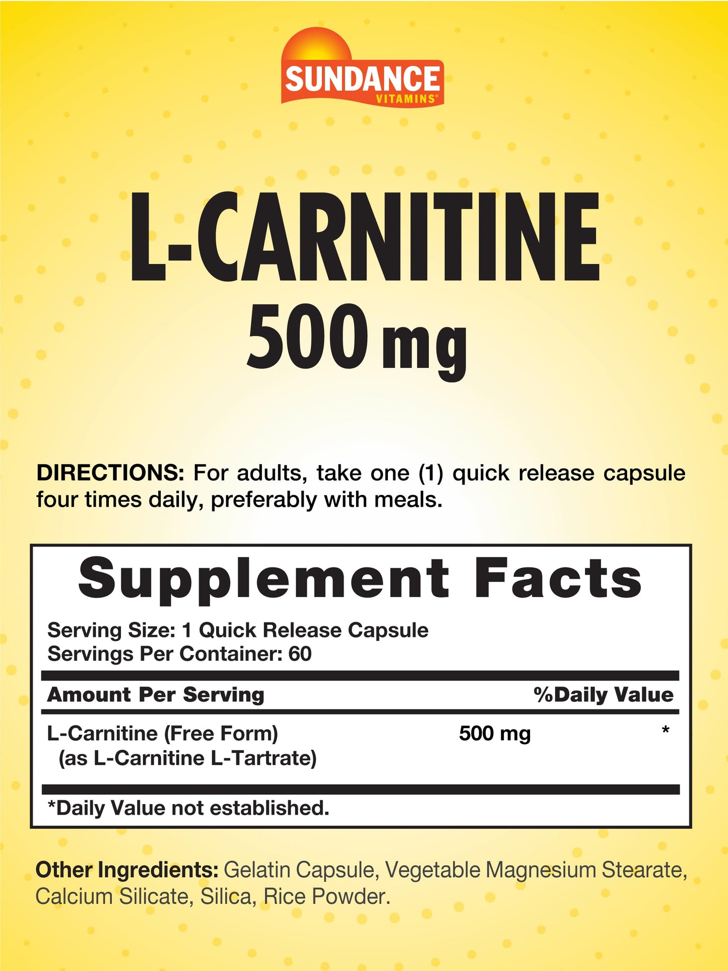 Sundance L-Carnitine Supplement 500mg | 60 Capsules | Free Form Amino Acid | Non-GMO and Gluten Free Supplement