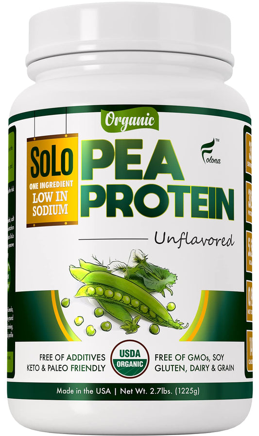 SOLO Organic Pea Protein Isolate, Low in Sodium, Canada Grown Peas, 100% Vegan, Non-GMO, Unflavored Plant Based Protein Powder with BCAA, Keto & Paleo Friendly, Easy to Digest, No Additives (2.7 lbs)