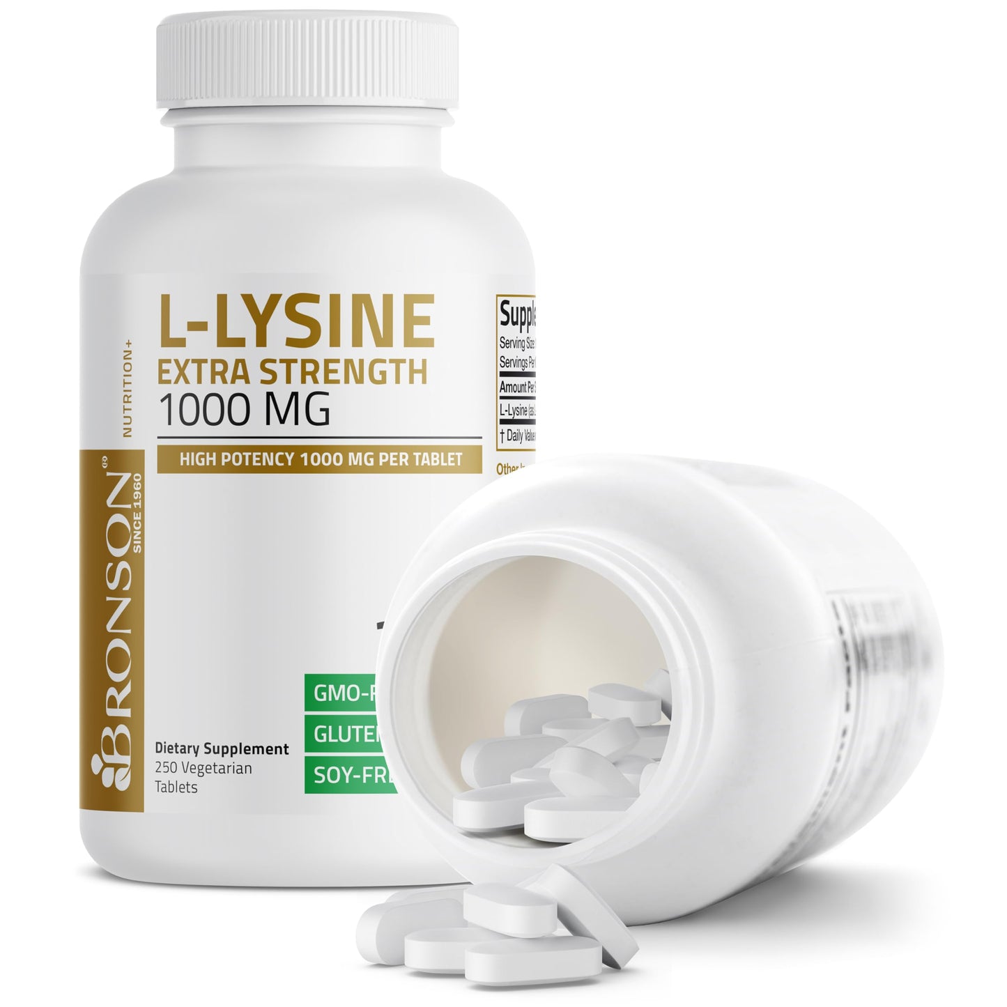 Bronson L-Lysine Extra Strength 1000 MG per Tablet High Potency, Immune Support & Supports Collagen Synthesis, Non-GMO, 250 Vegetarian Tablets