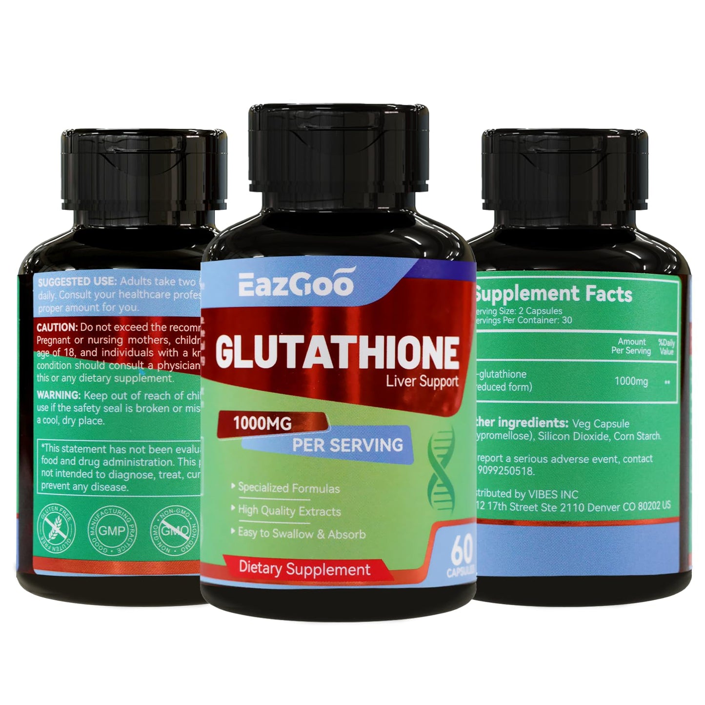 EAZGOO Glutathione Supplement 1000mg Antioxidant Supplement - Premium Vegan Formula for Immune Support, Skin Brightening & Liver Detox - Allergen-Free, Non-GMO, Effective Wellness Boost (Pack of 2)