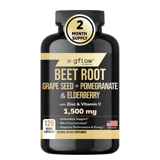 Gflow Vitamins Beet Root Capsules - High concentrated formula, Beetroot Extract, Elderberry with Vitamin C, Zinc, Pomegranate, Grape Seed, Nitric Oxide Supplement - Non-GMO, USA Made - 2 Months Supply