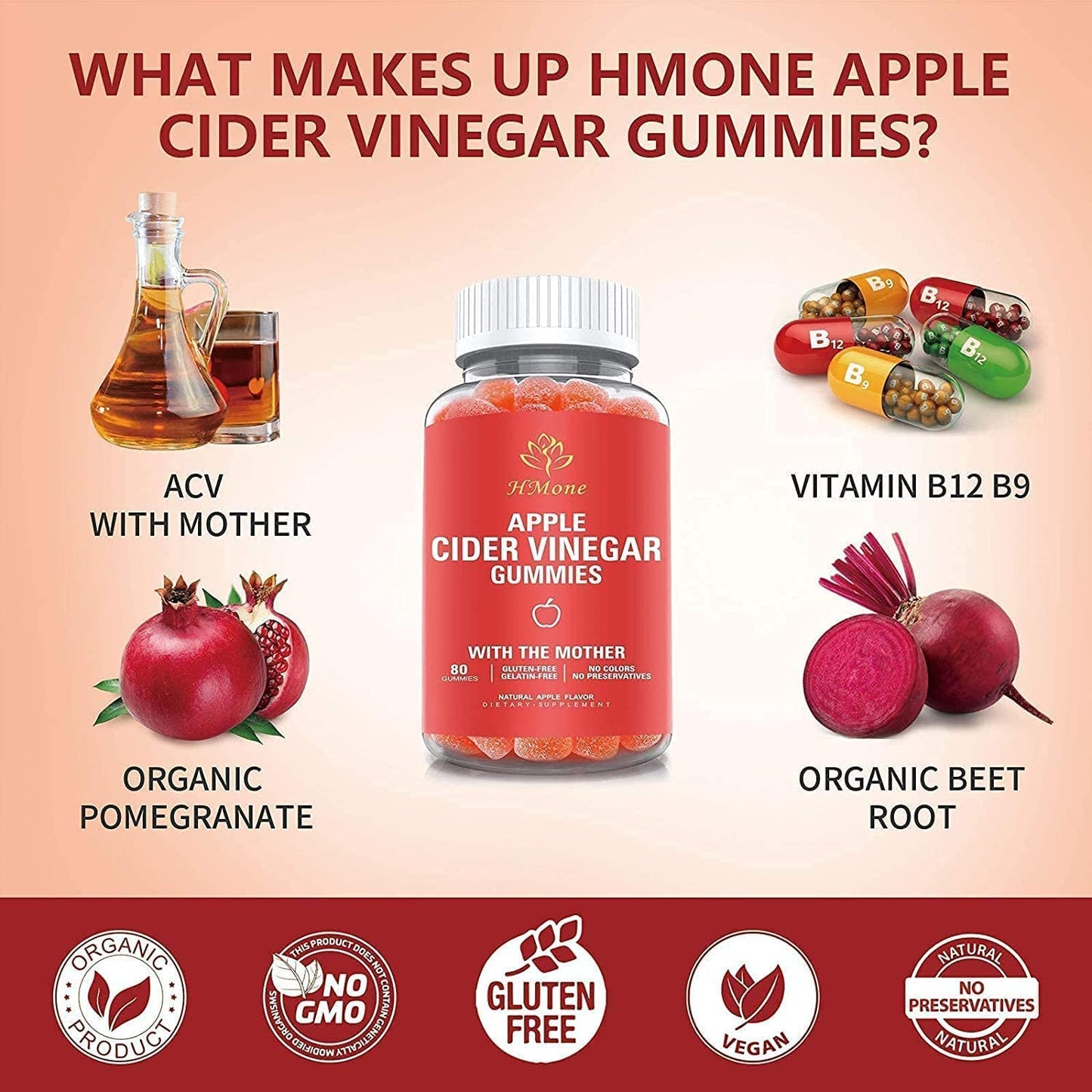 HMone 2 Pack Organic Apple Cider Vinegar Gummies - ACV Gummy with Mother for Immune Support,Energy Boost for Adults & Kids