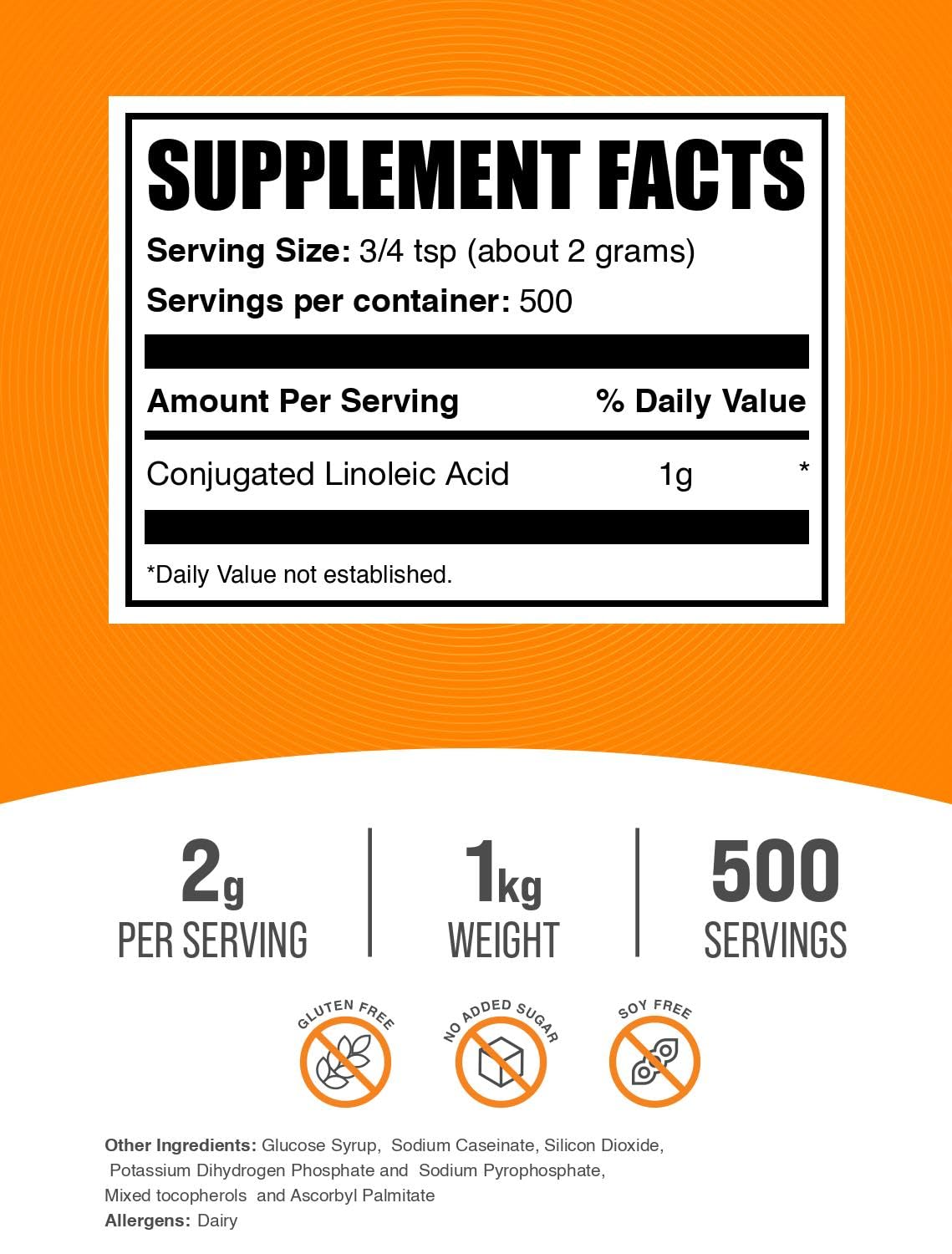 BulkSupplements.com Conjugated Linoleic Acid Powder - CLA Conjugated Linoleic Acid, CLA Supplements - Gluten Free, 2g per Serving, 1kg (2.2 lbs) (Pack of 1)