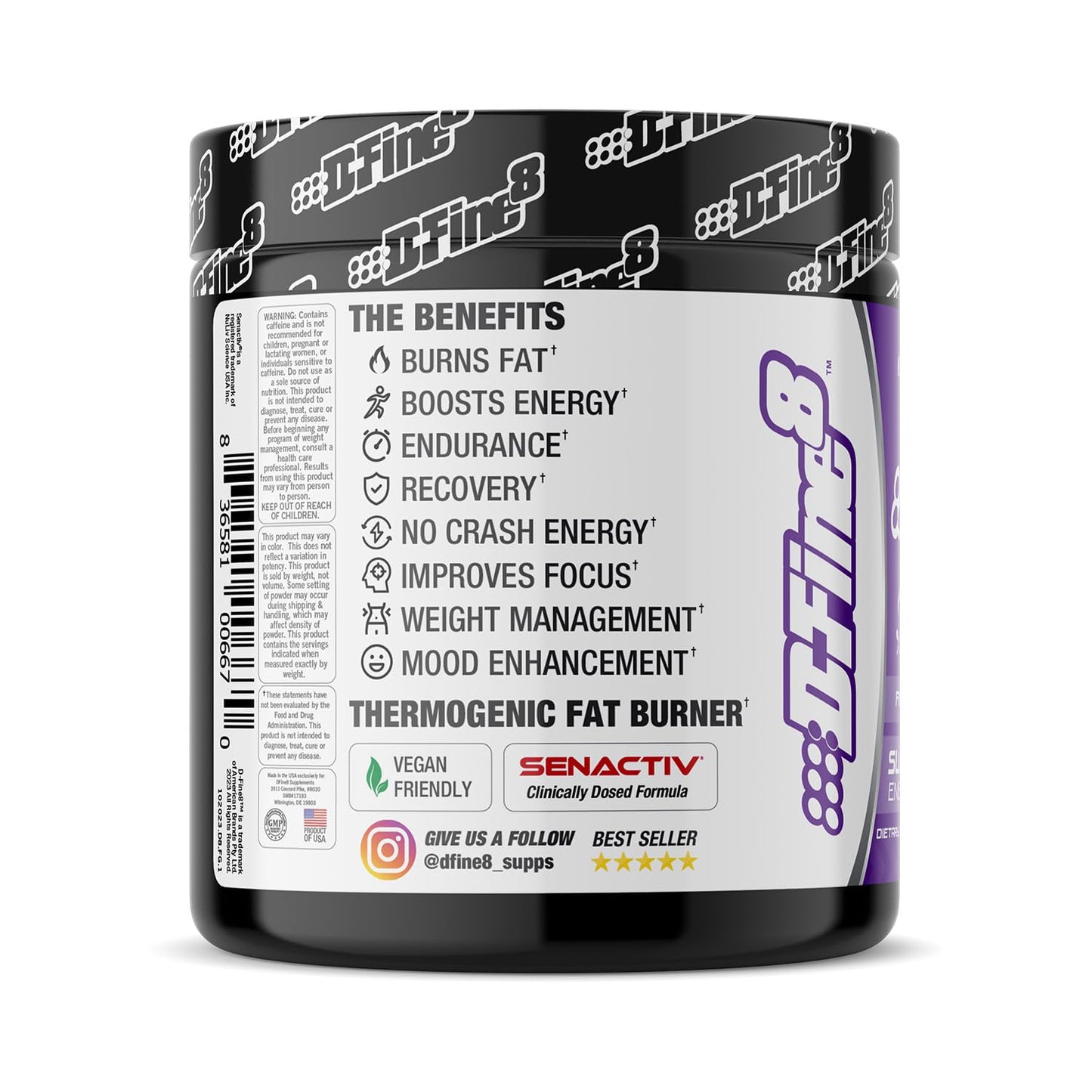D-Fine8 Thermogenic Pre-Workout Energy Powder & Shredding Supplement, Boost Energy Mood & Focus, Sugar Free, Contains Senactiv, Endurance, 300mg Caffeine, N-Acetyl-L-Tyrosine (Fierce Grape)
