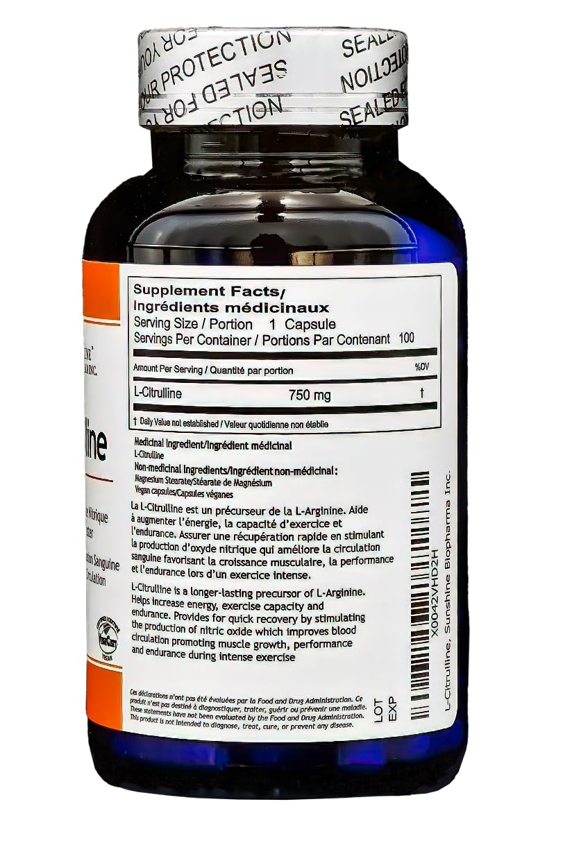 Sunshine Biopharma Citrulline 100 Capsules, Workout Supplement. Increase Blood Flow to Muscles to Enhance Exercise Performances. Vegan Certified