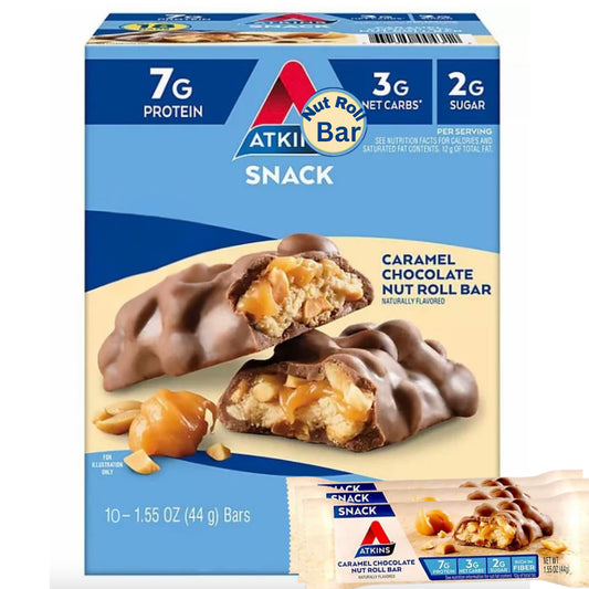 Atk-ins Caramel Chocolate Nut Roll Snack Bar, Protein Snack, High in Fiber,2g Sugar caramel chocolate bar Nut Roll 1.55 oz bars10 count