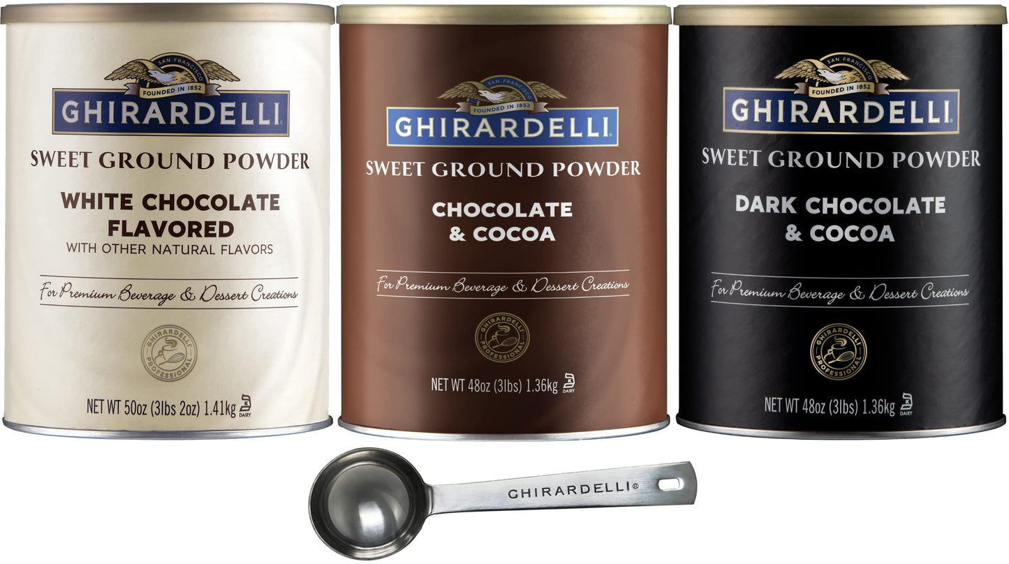 Ghirardelli Sweet Ground Premium Powder 3 Flavor Variety 13 Pound Can Each White Chocolate Chocolate and Dark Chocolate with Ghirardelli Stamped Barista Spoon