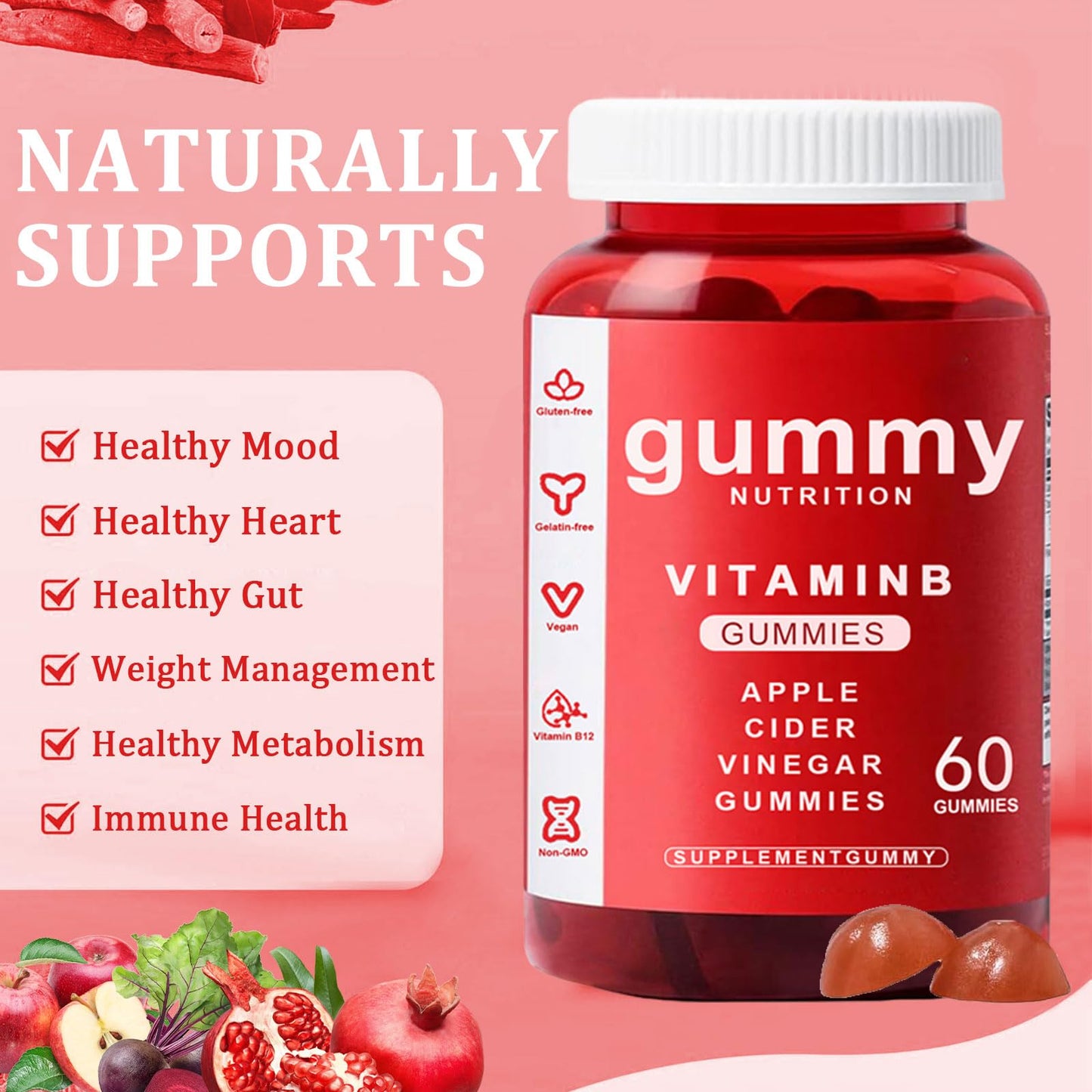 Apple Cider Vinegar Gummies - 60 Count, ACV Gummies Vitamin B12 Supplement, Vegan, Non-GMO, Gluten-Free & Gelatin Free, Apple Flavored Gummy Vitamins for Energy