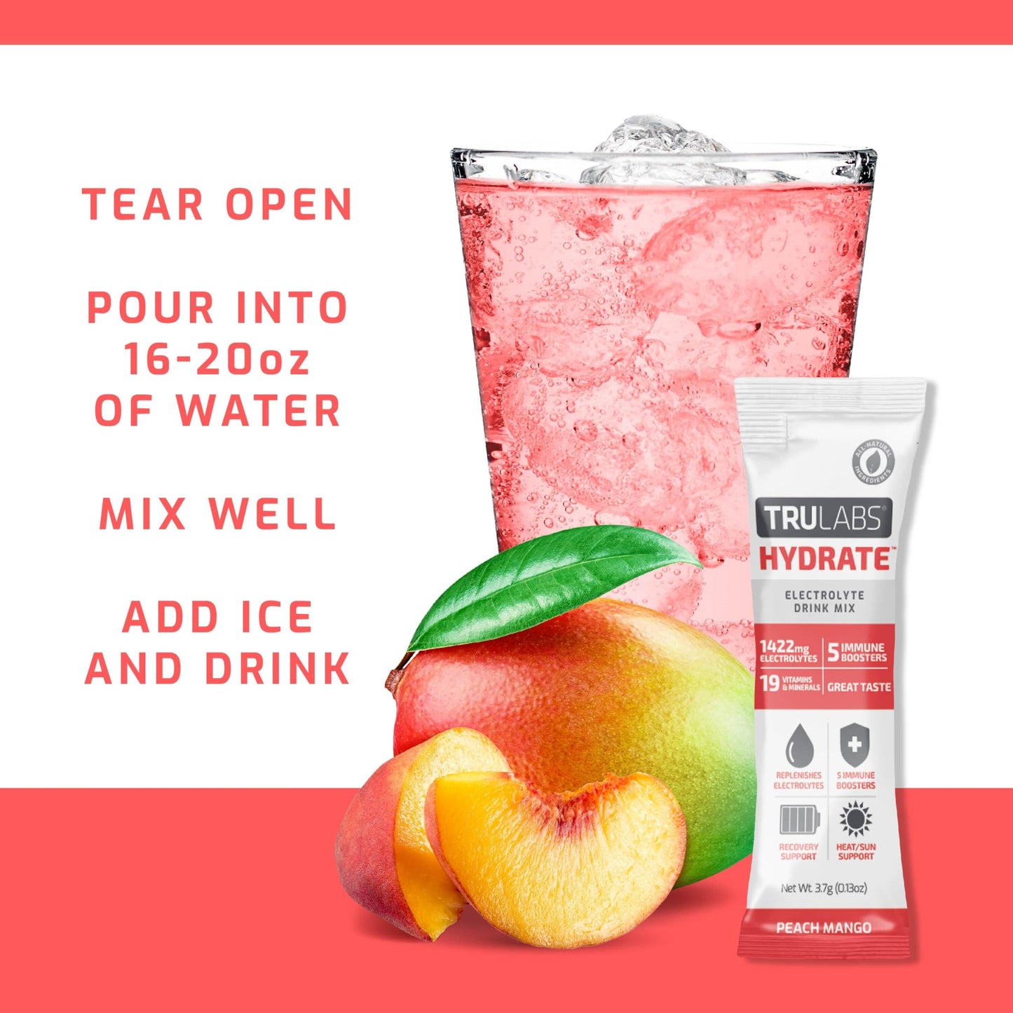 TRULABS Hydrate Peach Mango 6ct. Sugar Free Electrolytes Hydration Packets. Each Serving Contains 1422 mg of Electrolytes &19 Vitamins & Minerals.