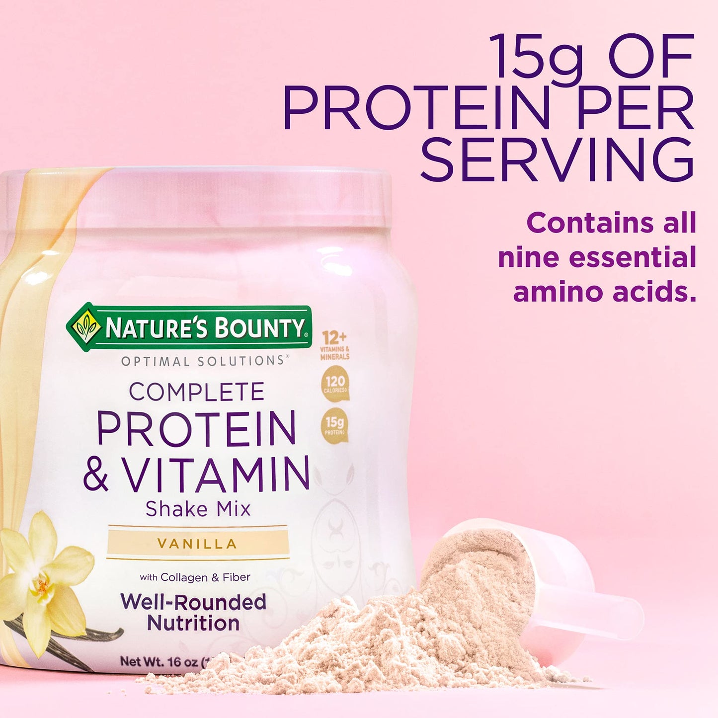Nature’s Bounty Complete Protein & Vitamin Shake Mix with Collagen & Fiber, Contains Vitamin C for Immune Health, Vanilla Flavored ,1 lb. 13 Servings