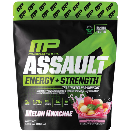 Muscle Pharm Assault Energy & Strength Pre Workout Powder for Men & Women with Beta Alanine, Caffeine, Creatine & Betaine Anhydrous, Pre-Workout Supplements, 30 Servings, Hwachae Melon Flavor