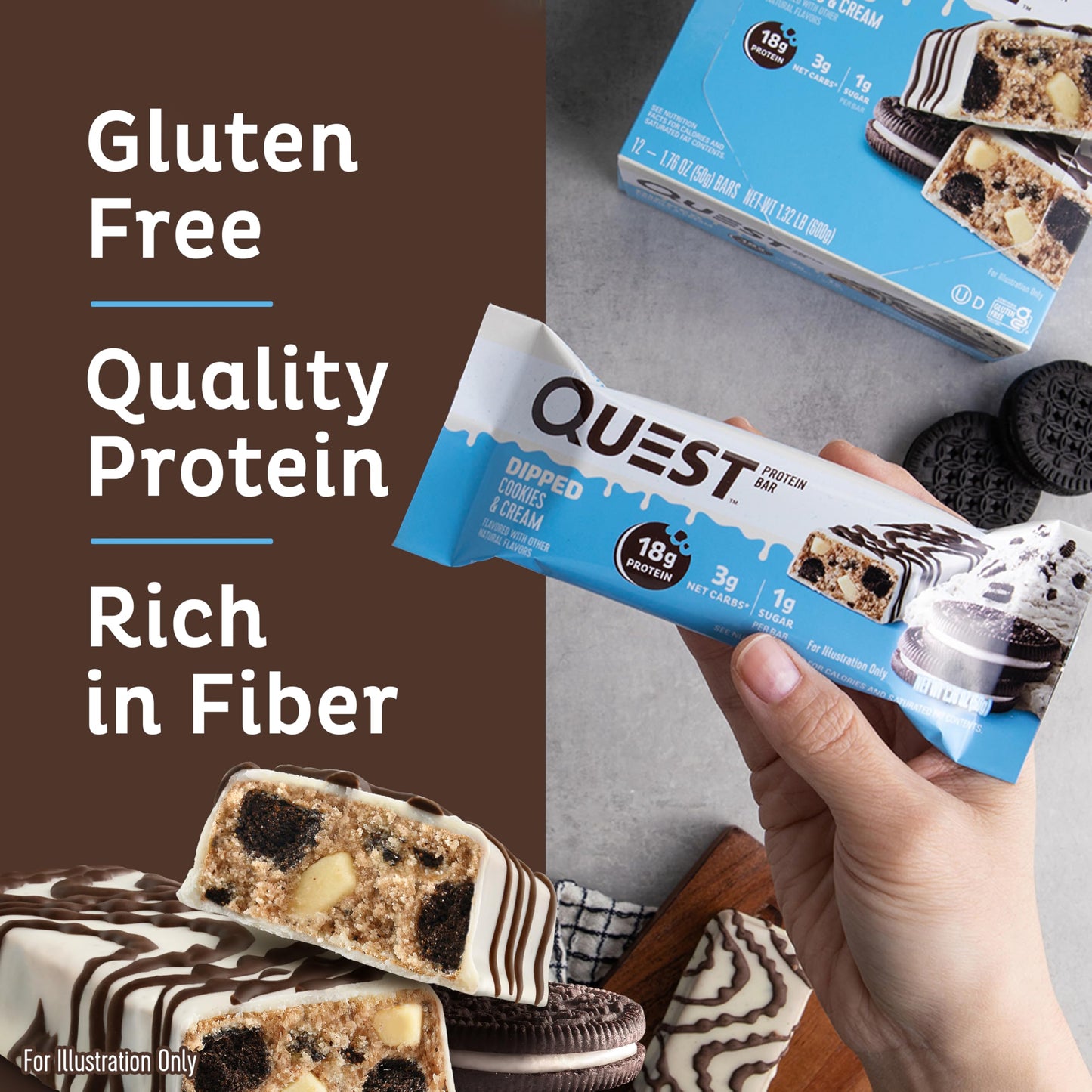 Quest Nutrition Dipped Cookies & Cream Protein Bars, High Protein, Low Carb, Gluten Free, Keto Friendly, 4 Count