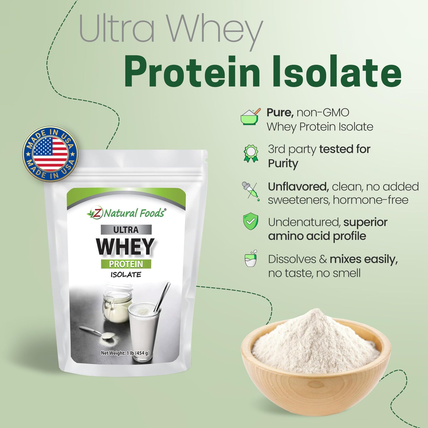 Z Natural Foods Ultra Whey Protein Isolate Powder - Pure, Unflavored, Unsweetened Whey Protein Powder - Flavorless Whey Isolate with Vital Proteins for Fitness, Sports Nutrition, Immune Support, 1 lb
