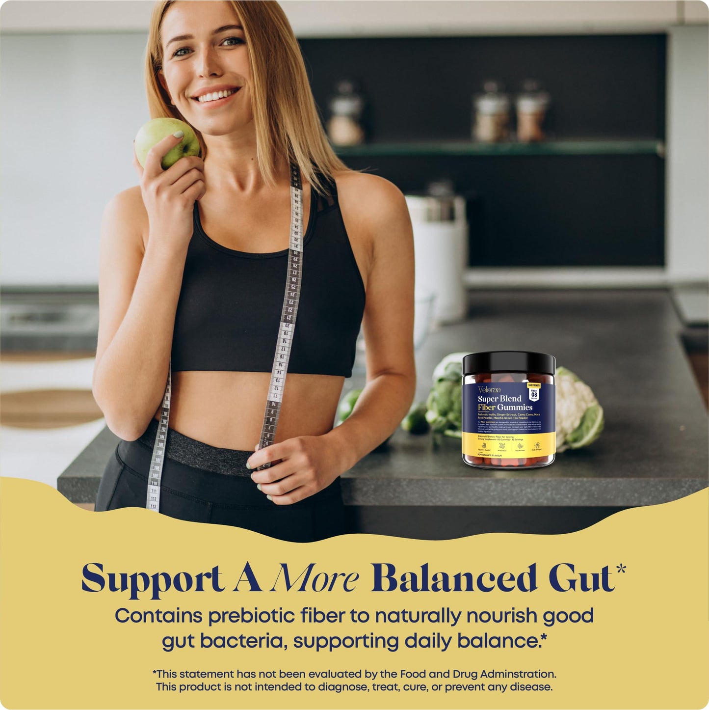 Veloraa Super Blend Fiber Gummies for Adults - 8g Prebiotic Fiber Gummies, Supports Digestive Health, Bloating Relief & Wellness, Infused with Ginger, Camu Camu & Matcha, Strawberry Flavor - 60 Count
